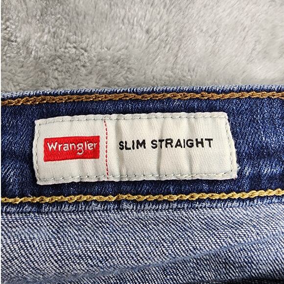 Wrangler Jeans Mens 38/30 Blue Distressed Slim Straight Leg Stretch Denim Casual - Picture 4 of 11